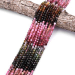 Natural Multicolor Green Pink Tourmaline Faceted 4mm 5mm Beads Energy Prism Double Terminated Points 15.5" Strand