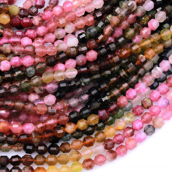 Natural Multicolor Green Pink Tourmaline Faceted 4mm 5mm Beads Energy Prism Double Terminated Points 15.5" Strand