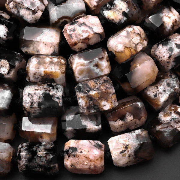 Faceted Black Cherry Blossom Agate Barrel Drum Short Cylinder Beads Aka Cherry Flower 15.5" Strand