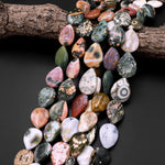 Natural Ocean Jasper Beads Vertically Drilled Teardrop Vibrant Green Yellow Red Orbs Eyes 15.5" Strand