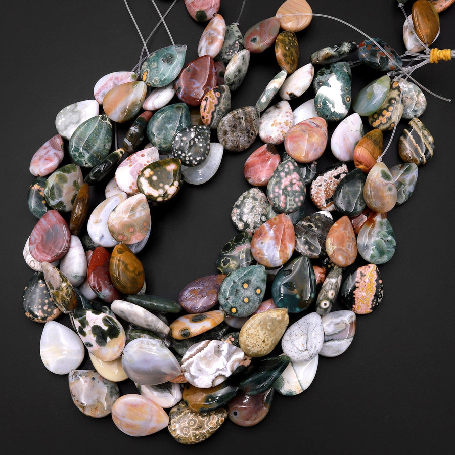 Natural Ocean Jasper Beads Vertically Drilled Teardrop Vibrant Green Yellow Red Orbs Eyes 15.5" Strand