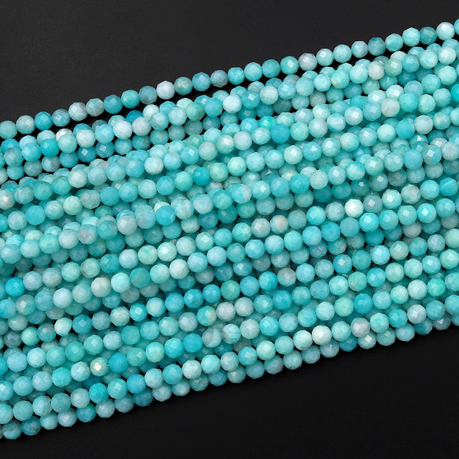 AAA Natural Peruvian Aqua Blue Amazonite 4mm Faceted Round Beads Micro Laser Diamond Cut Gemstone 15.5" Strand