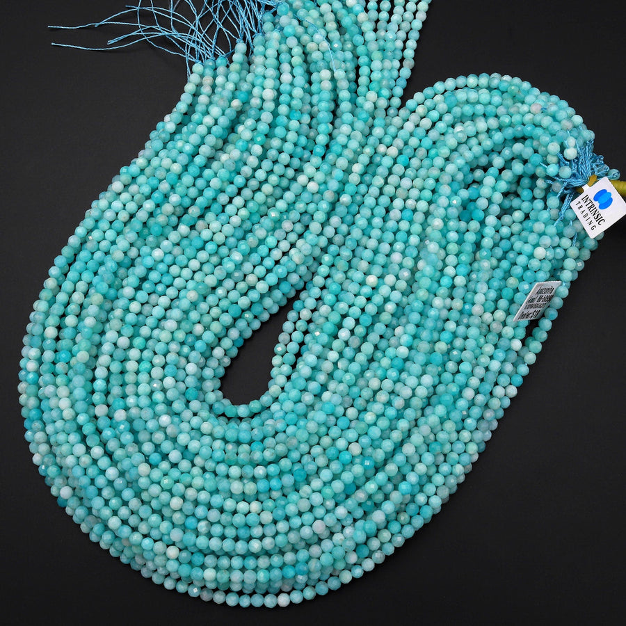 AAA Natural Peruvian Aqua Blue Amazonite 4mm Faceted Round Beads Micro Laser Diamond Cut Gemstone 15.5" Strand