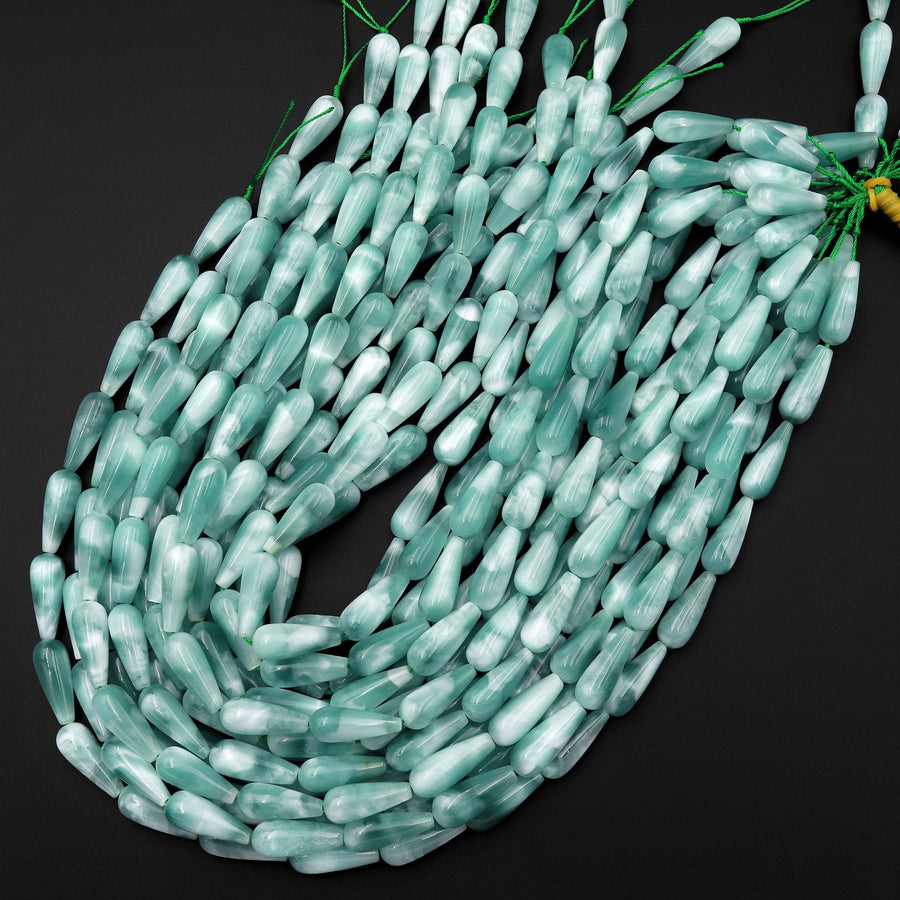 Chatoyant Green Moonstone Long Teardrop Beads Vertically Drilled