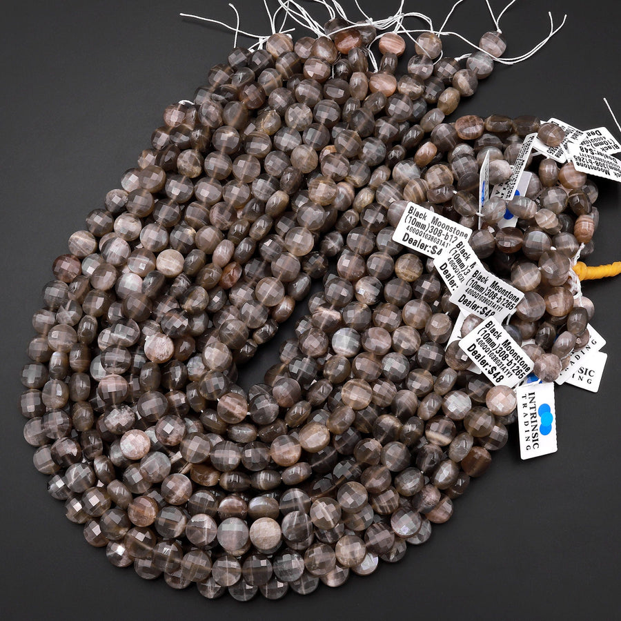 Faceted Natural Black Moonstone 10mm Coin Beads Gemstone 15.5" Strand