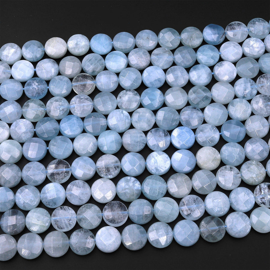 AAA Faceted 12mm 14mm Blue Aquamarine Coin Beads Flat Disc Dazzling Facets Natural Gemstone 15.5" Strand