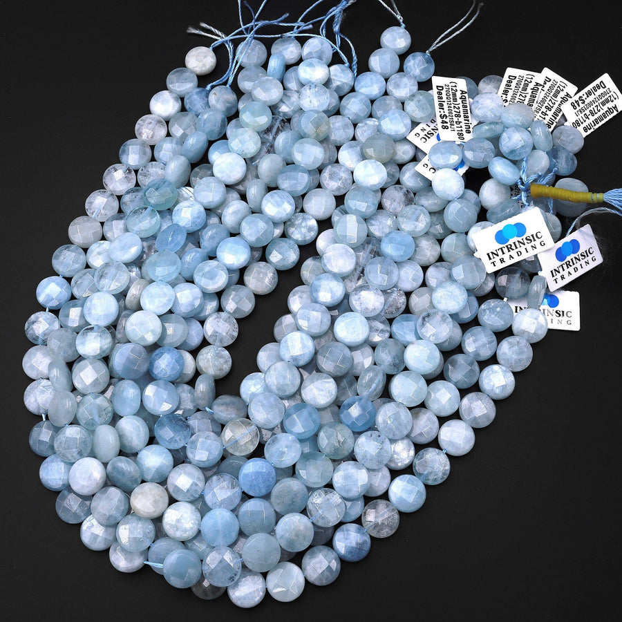 AAA Faceted 12mm 14mm Blue Aquamarine Coin Beads Flat Disc Dazzling Facets Natural Gemstone 15.5" Strand