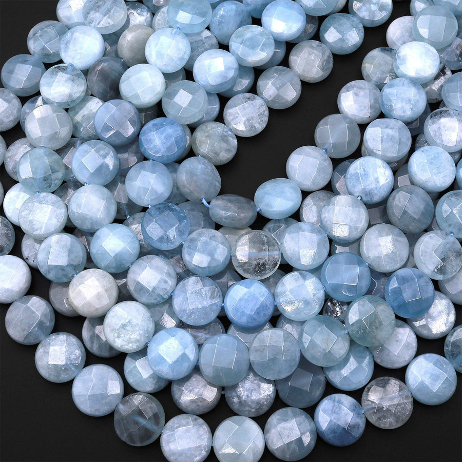 AAA Faceted 12mm 14mm Blue Aquamarine Coin Beads Flat Disc Dazzling Facets Natural Gemstone 15.5" Strand