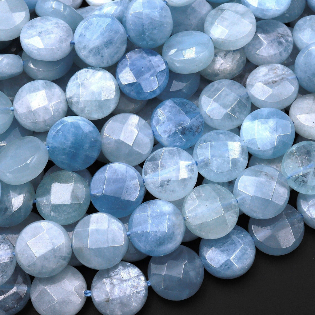 AAA Faceted 12mm 14mm Blue Aquamarine Coin Beads Flat Disc Dazzling Facets Natural Gemstone 15.5" Strand