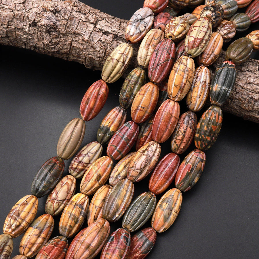 Carved Red Creek Jasper Beads Melon Drum Earthy Red Green Yellow Brown Gemstone 15.5" Strand