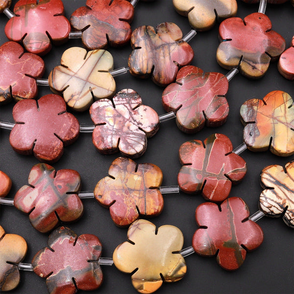 Carved Natural Red Creek Jasper Beads Cherry Flower 15" Strand