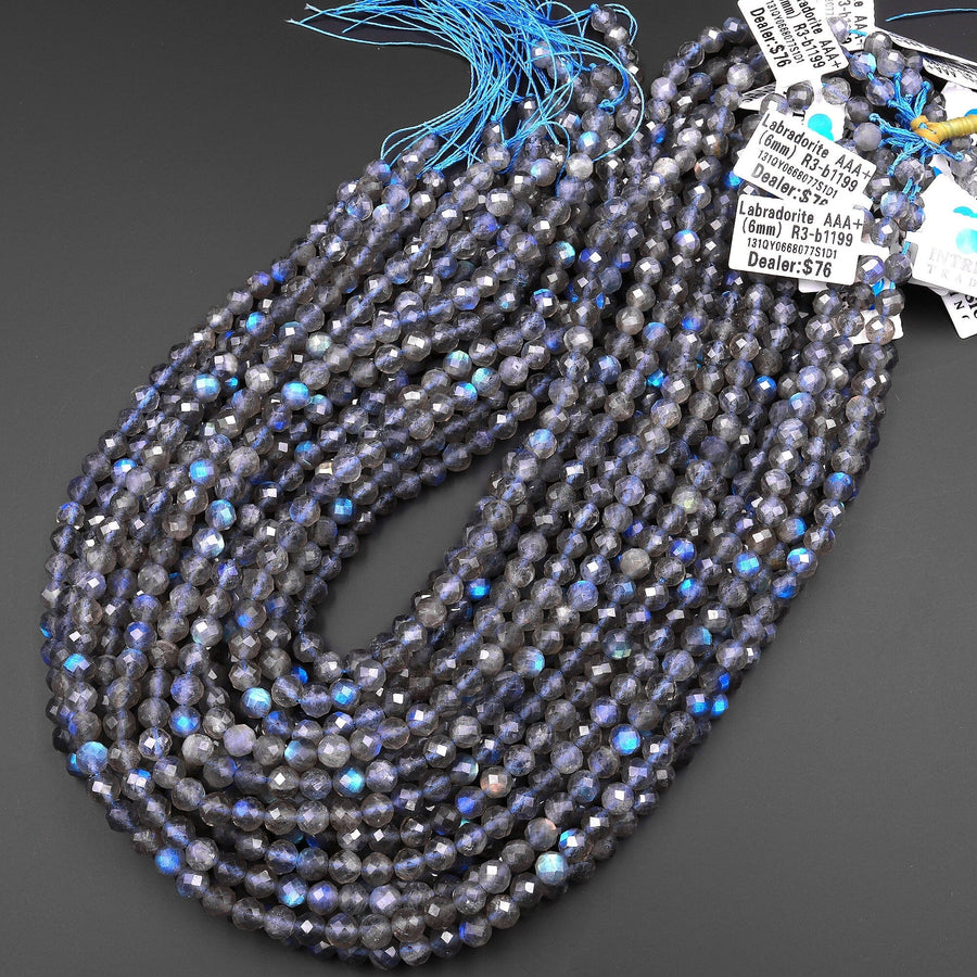 AAA+ Micro Faceted Labradorite 6mm Round Beads Brilliant Blue Flashes 15.5" Strand