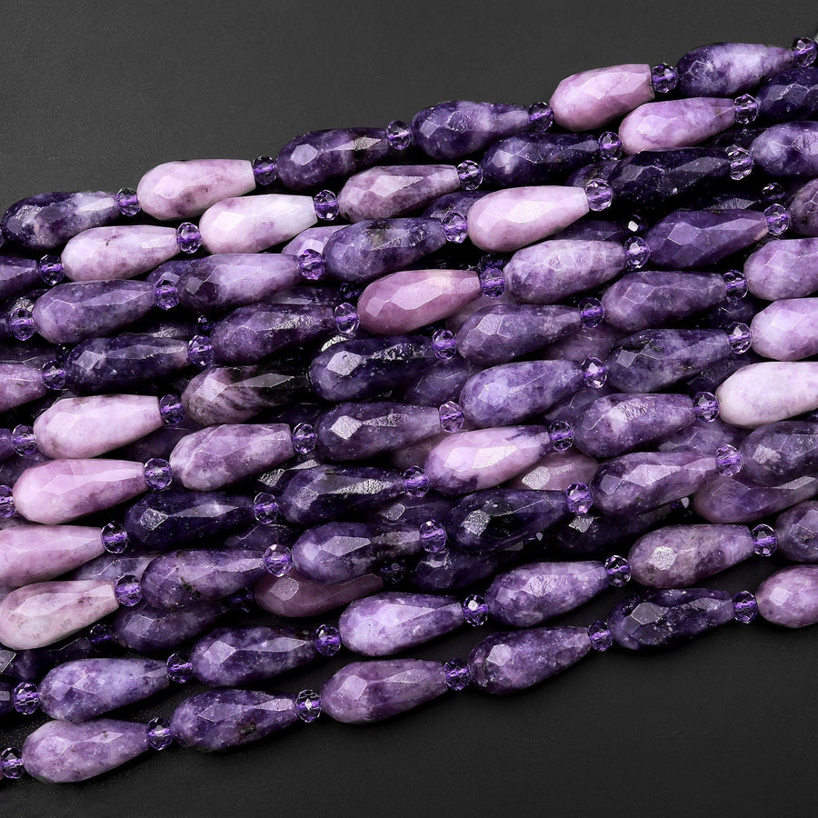 Faceted Natural Violet Purple Lepidolite Teardrop Beads Vertically Drilled Gemstone 15.5" Strand