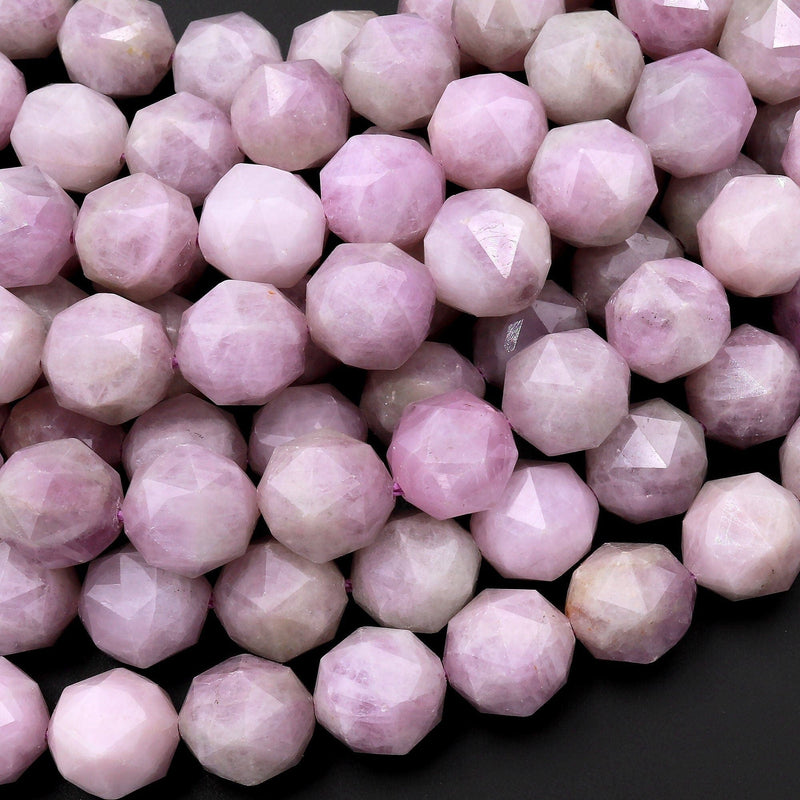 Natural Kunzite Faceted 10mm Round Beads Double Hearted Star Cut Gemstone 15.5" Strand