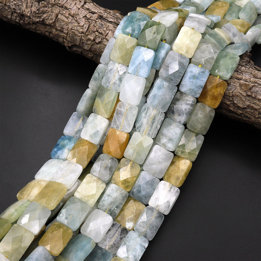 Faceted Natural Blue Green Canary Yellow 16x12mm Rectangle Beads Gemstone 15.5" Strand