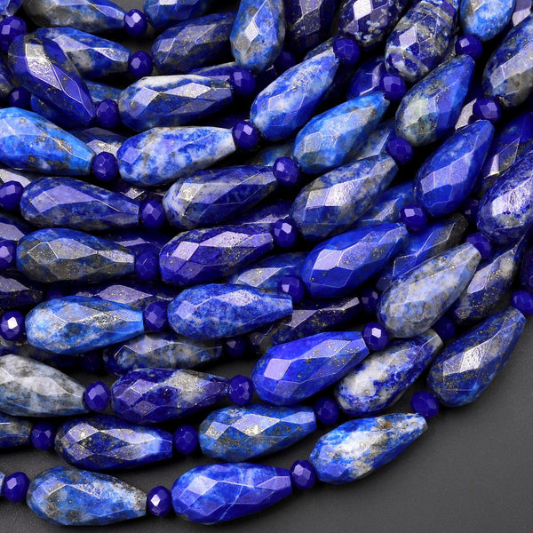 Faceted Natural Blue Lapis Teardrop Beads Vertically Drilled Gemstone 15.5" Strand