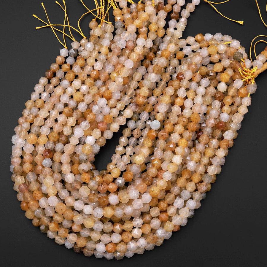 Star Cut Natural Golden Healer Quartz Beads Faceted 8mm Rounded Nugget Sharp Facets 15" Strand