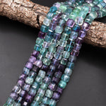 Large Natural Fluorite Faceted 10mm Cube Square Dice Beads Vibrant Rainbow Purple Green Gemstone 15.5" Strand