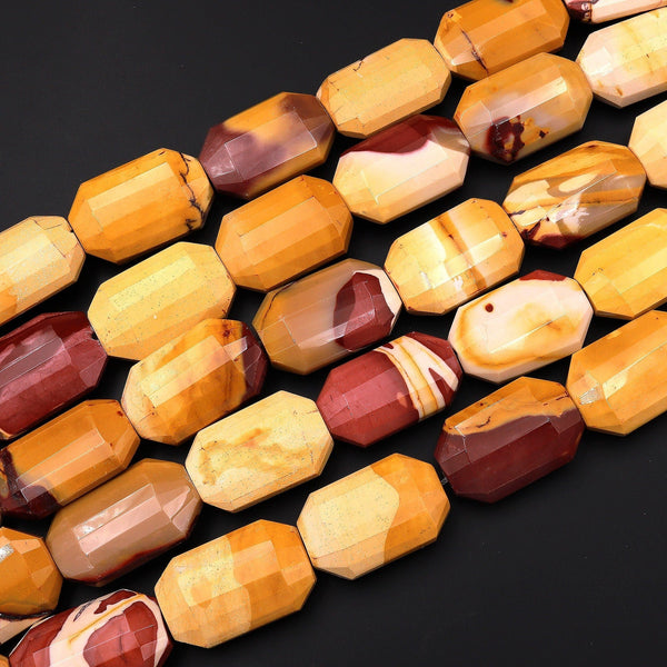 Faceted Natural Australian Mookaite Rectangle Long Hexagon Beads Sunset Colors Red Yellow Maroon Red Creamy Beige 15.5" Strand