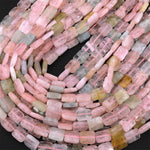Faceted Natural Blue Green Aquamarine Peach Pink Morgonite Rectangle Gemstone Beads 15.5" Strand
