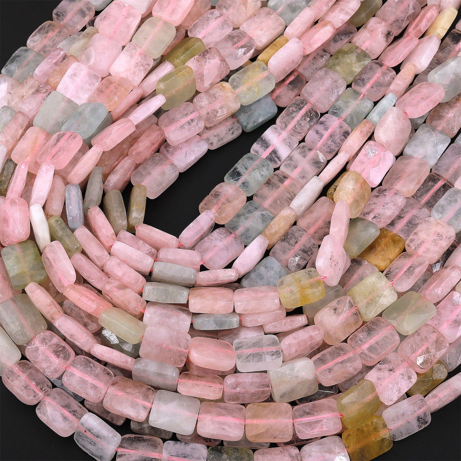 Faceted Natural Blue Green Aquamarine Peach Pink Morgonite Rectangle Gemstone Beads 15.5" Strand