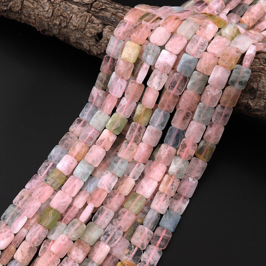 Faceted Natural Blue Green Aquamarine Peach Pink Morgonite Rectangle Gemstone Beads 15.5" Strand