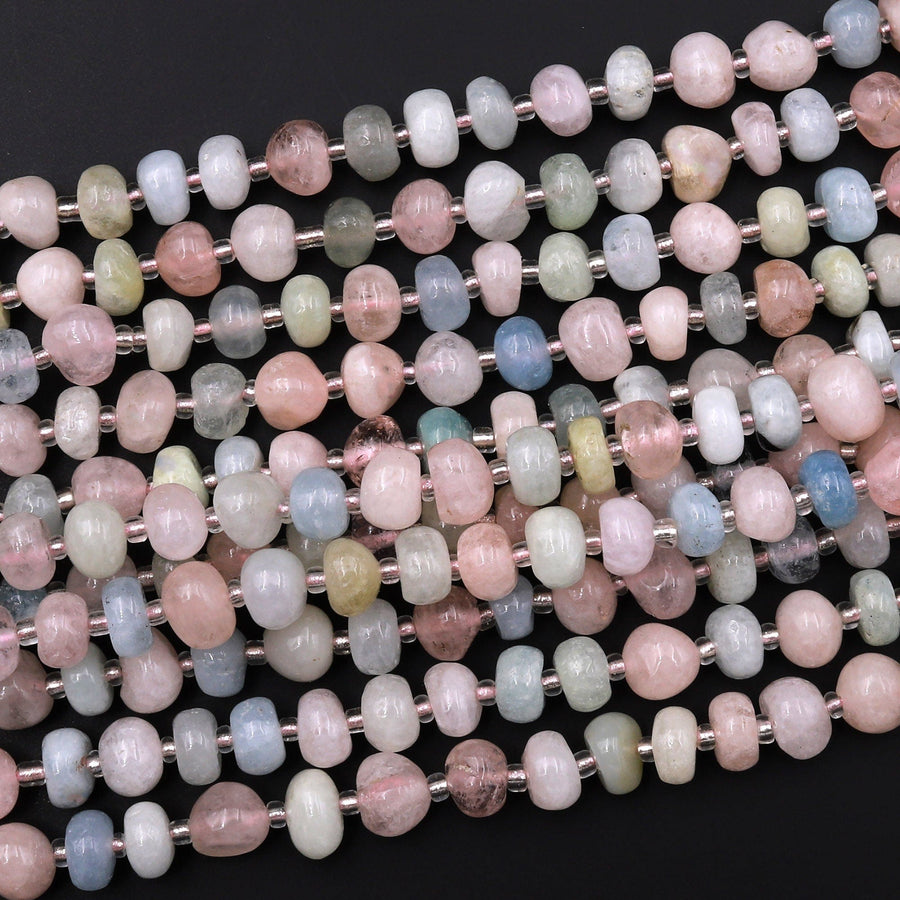 Natural Blue Green Aquamarine Pink Morganite 6mm Freeform Rounded Pebble Nugget Beads Gemstone 15.5" Strand