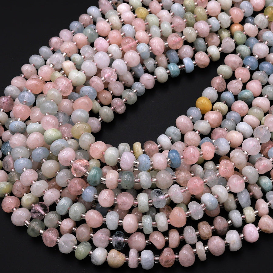 Natural Blue Green Aquamarine Pink Morganite 6mm Freeform Rounded Pebble Nugget Beads Gemstone 15.5" Strand