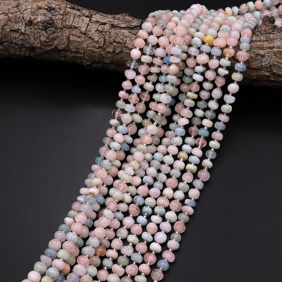 Natural Blue Green Aquamarine Pink Morganite 6mm Freeform Rounded Pebble Nugget Beads Gemstone 15.5" Strand