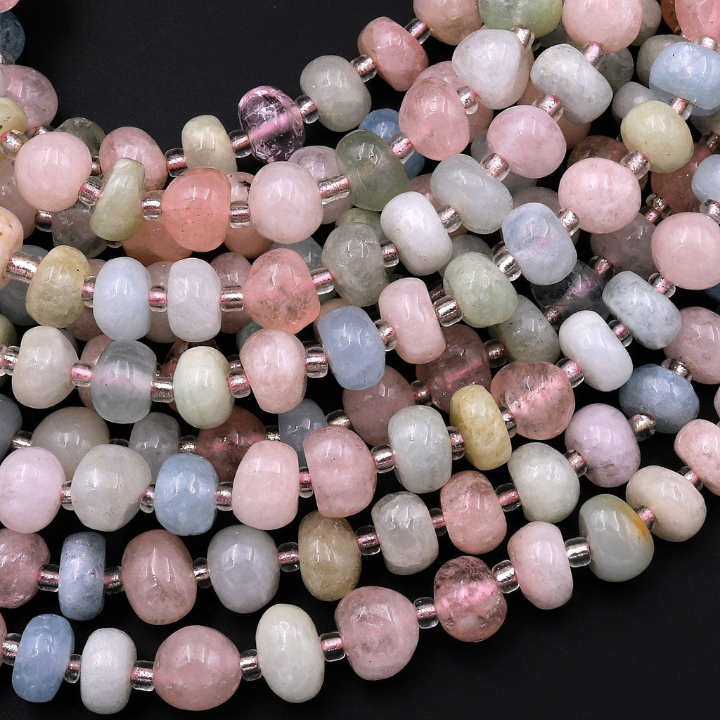 Natural Blue Green Aquamarine Pink Morganite 6mm Freeform Rounded Pebble Nugget Beads Gemstone 15.5" Strand