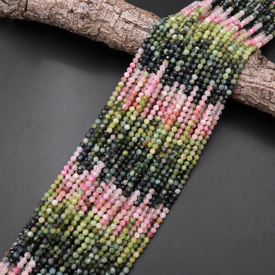 Natural Pink Green Blue Watermelon Tourmaline Micro Faceted 4mm Round Gemstone Beads 15.5" Strand