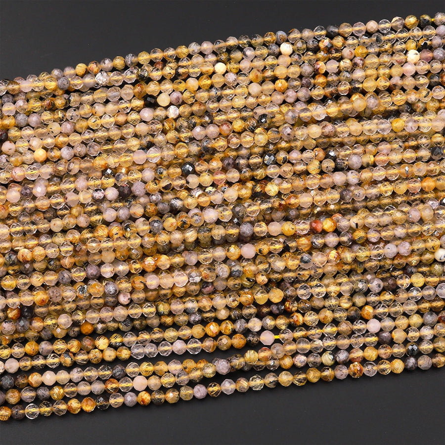 Faceted Natural Titanium Golden Rutilated Quartz  3mm 4mm Round Beads Sharp Rutile 15.5" Strand