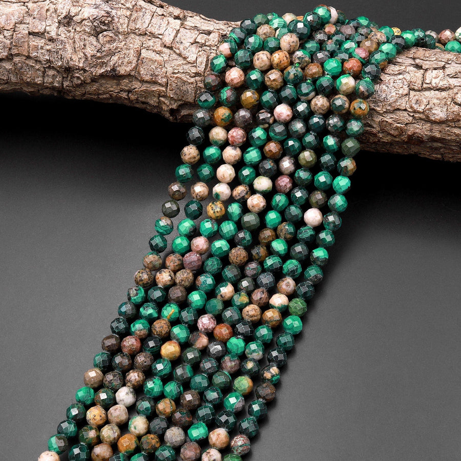 Faceted Natural Green Malachite Round Beads 6mm Laser Diamond Cut Gemstone 15.5" Strand