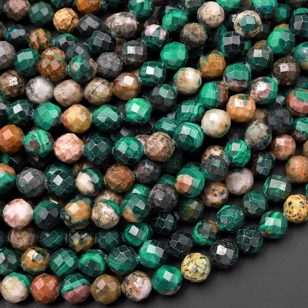 Faceted Natural Green Malachite Round Beads 6mm Laser Diamond Cut Gemstone 15.5" Strand