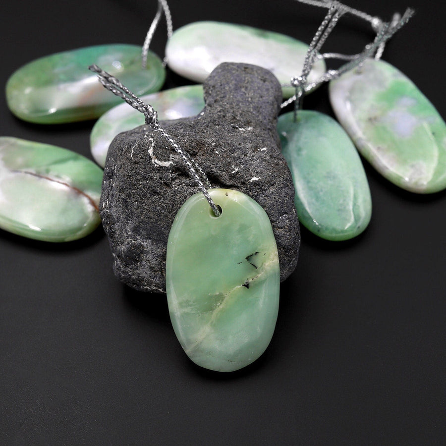 Natural Australian Green Chrysoprase Pendant Freeform Oval Shape Drilled Gemstone Focal Bead