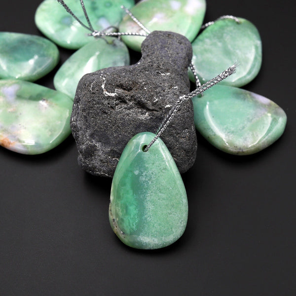 Natural Australian Green Chrysoprase Pendant Freeform Teardrop Shape Drilled Gemstone Focal Bead