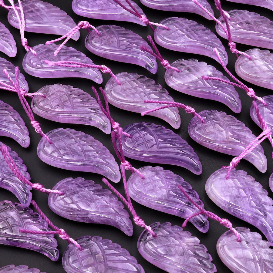 AAA Hand Carved Natural Lilac Purple Amethyst Angel Wing Pendant Bead Drilled Gemstone