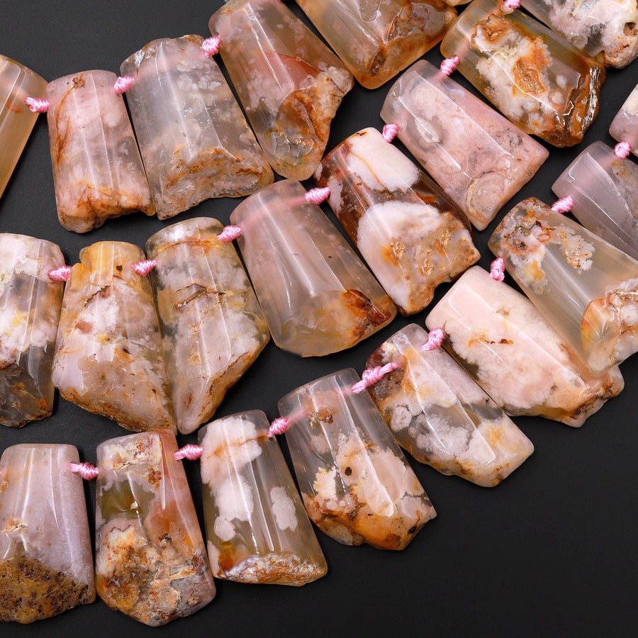 Graduated Natural Cherry Blossom Agate Aka Flower Agate Beads Freeform Trapezoid Collar 18" Strand