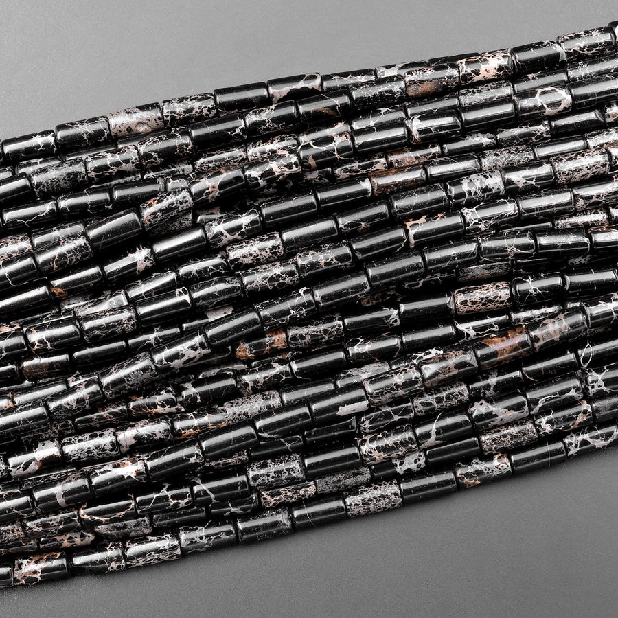 Stormy Black Gray Sea Sediment Jasper Smooth Tube Cylinder Beads 8x4mm Aka Impression Imperial Jasper 15.5" Strand