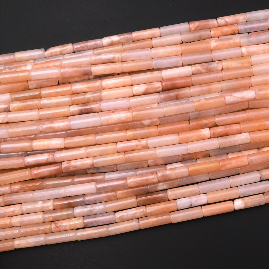 Natural Peach Aventurine Thin Long Tube Beads 14mm 15.5" Strand