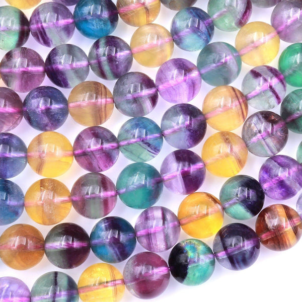 AAA Natural Fluorite 6mm 8mm 10mm Round Beads Vibrant Rainbow Purple Green Honey Golden Yellow Gemstone 15.5" Strand