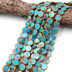 Genuine 100% Natural Blue Turquoise Gold Copper Edging Coin 14mm Beads Choose from 5pcs, 10pcs, 16" Strand
