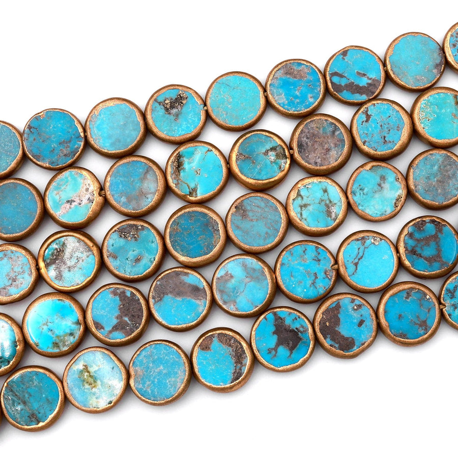 Genuine 100% Natural Blue Turquoise Gold Copper Edging Coin 14mm Beads Choose from 5pcs, 10pcs, 16" Strand