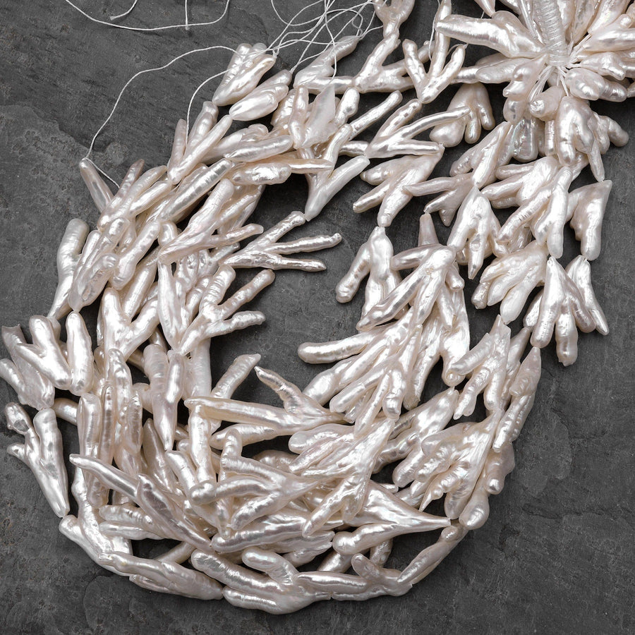 Large Thick Freeform Natural White Biwa Pearl Long Stick Branch Pearl Top Drilled Pendant Genuine Freshwater Pearl 16" Strand