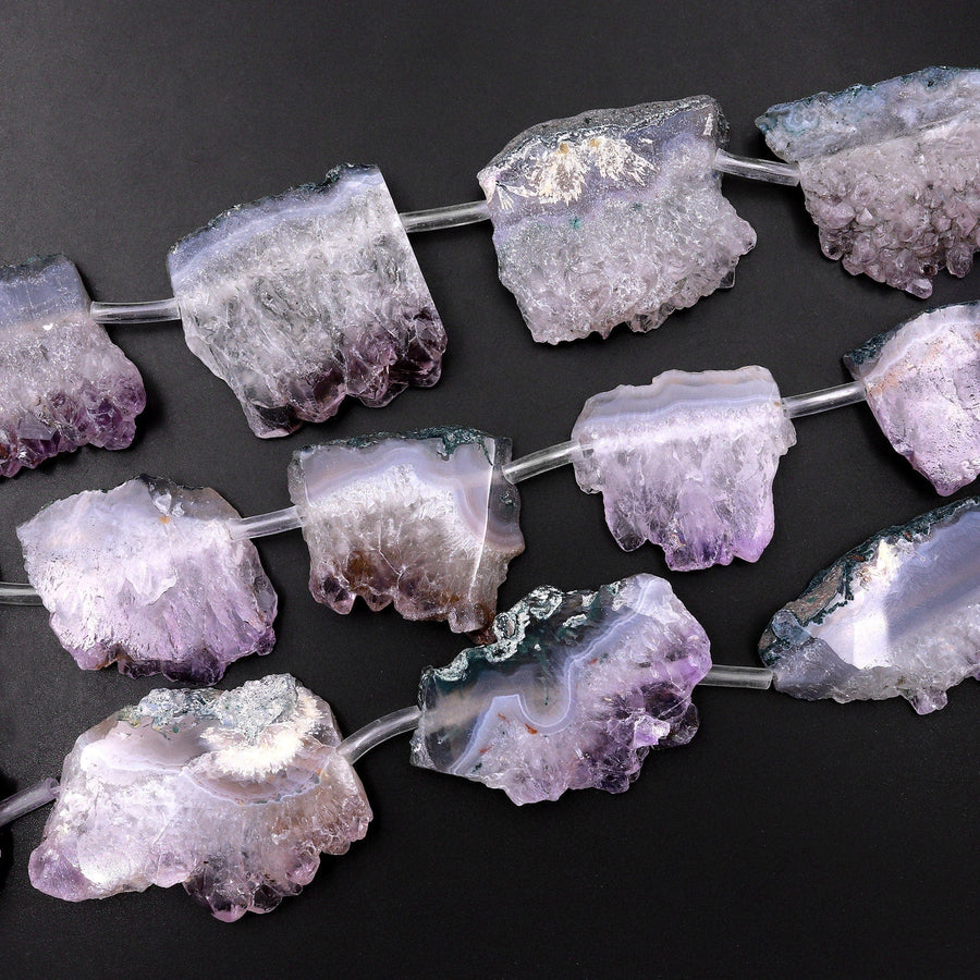 Large Raw Natural Amethyst Stalactite Slice Pendant Beads Purple Druzy Drusy Slab Side Drilled Freeform Irregular 15.5" Strand