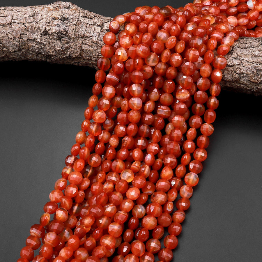 Natural Red Agate Faceted 4mm 6mm 8mm 10mm Coin Beads Fiery Orange Red Gemstone 15.5" Strand
