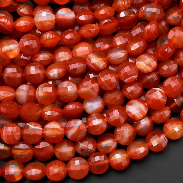 Natural Red Agate Faceted 4mm 6mm 8mm 10mm Coin Beads Fiery Orange Red Gemstone 15.5" Strand