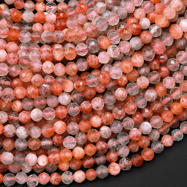 Faceted Natural Arusha Sunstone Round Beads 4mm Sparkling Micro Diamond Cut Gemstone 15.5" Strand