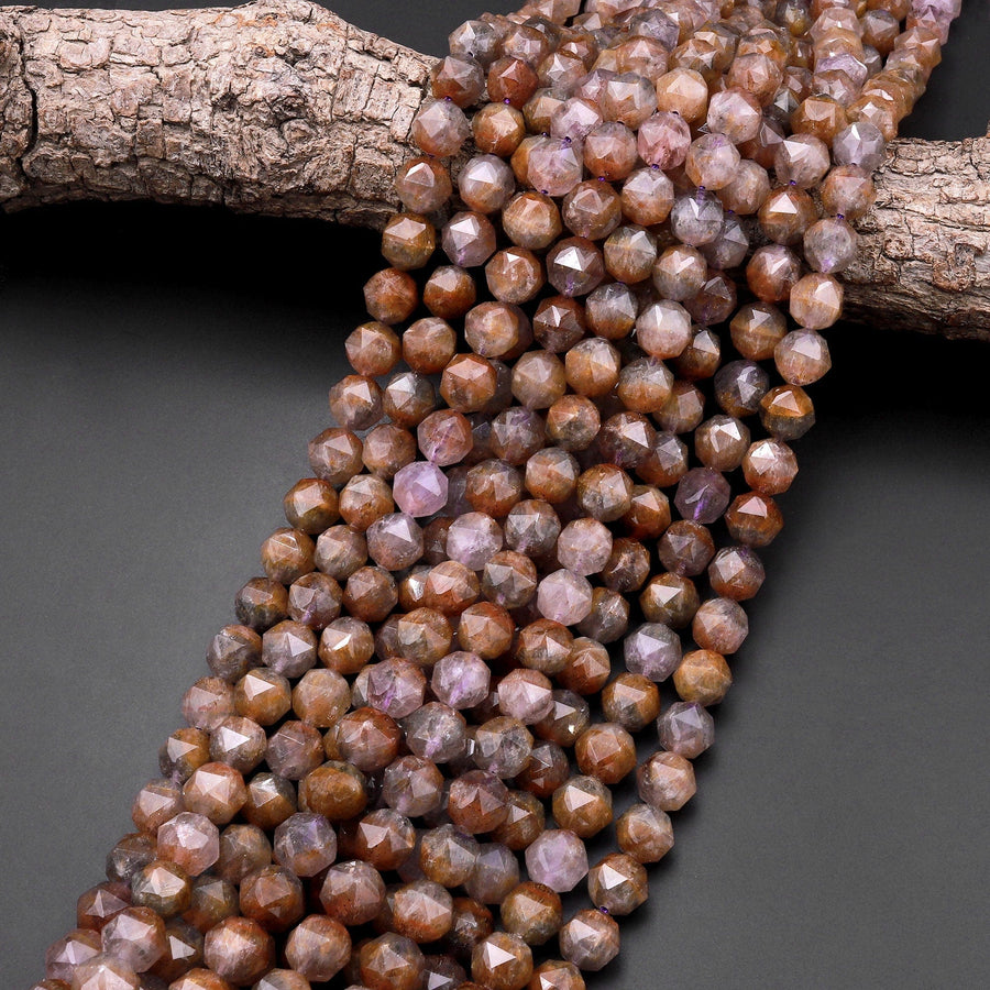 Rare Genuine Natural Auralite 23 Cacoxenite 8mm 10mm Faceted Round Beads Double Hearted Star Cut 15.5" Strand