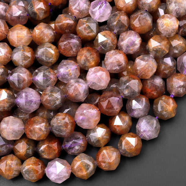 Rare Genuine Natural Auralite 23 Cacoxenite 8mm 10mm Faceted Round Beads Double Hearted Star Cut 15.5" Strand